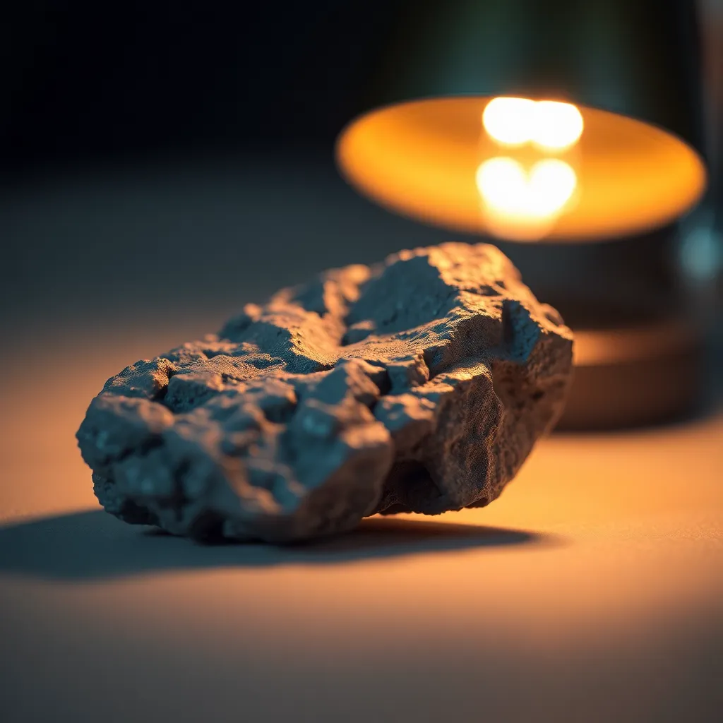 This close-up image features a unique meteorite, illuminated by warm tungsten light that brings out its intricate textures and natural imperfections. The shallow depth of field beautifully blurs the background, allowing the viewer to focus on the meteorite’s geological features. Muted tones of grey and brown reflect the rocky surface, creating a rich visual experience. This compelling composition highlights the beauty and uniqueness of space debris, sparking curiosity about the universe beyond.