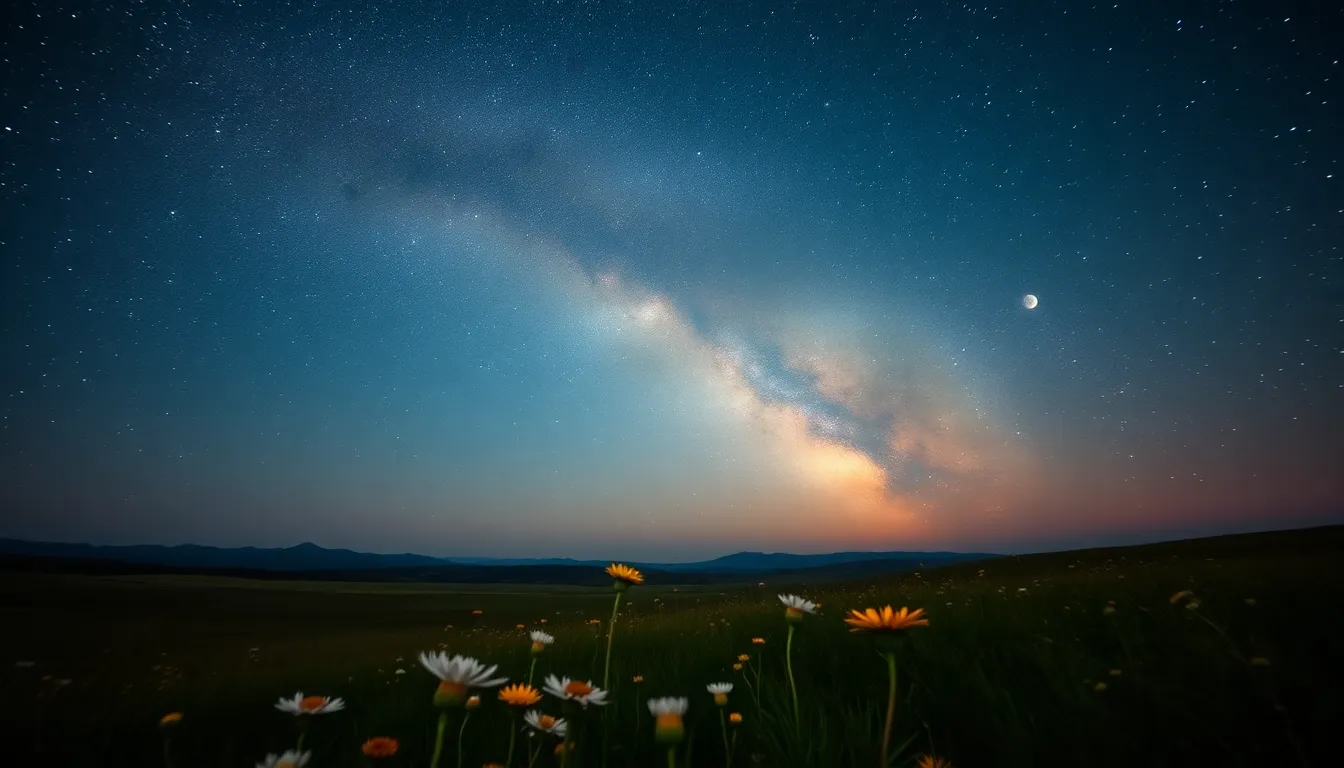 This stunning image showcases the Milky Way galaxy spanning across the night sky, with a tranquil landscape below adorned with wildflowers. The natural starlight creates a magical ambiance, enhanced by the soft glow of the moon illuminating the scene. The vibrant colors evoke a sense of wonder and serenity, inviting viewers to explore the beauty of our universe. Perfect for nature lovers and astronomy enthusiasts alike, this image captures the essence of a peaceful night under the stars.