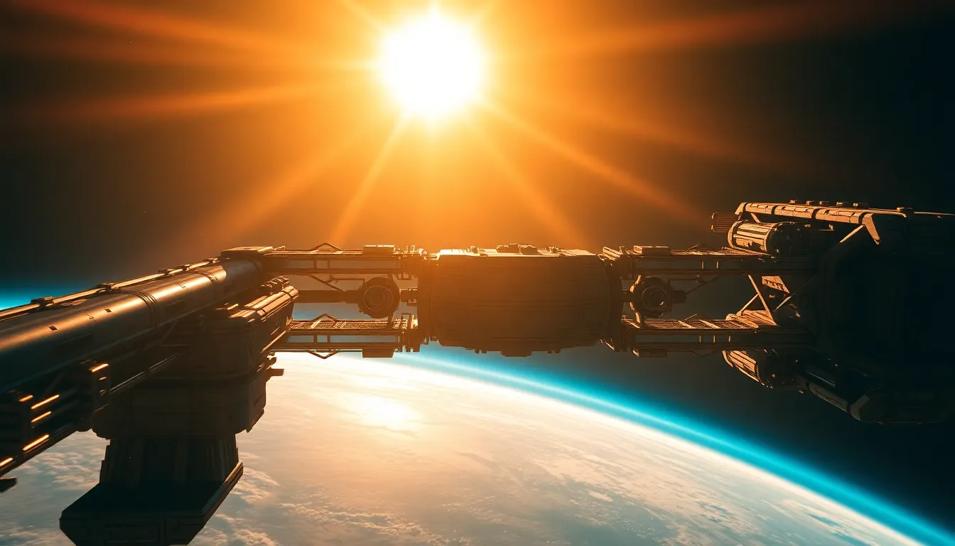 Futuristic Space Station Orbiting Planet This captivating image depicts a futuristic space station orbiting a distant planet, illuminated by sunlight reflecting off its metallic surface. The scene showcases a striking contrast between the warm sunlight and the cool tones of the station, enhanced by cinematic color grading. With all elements in sharp focus, the viewer can appreciate the intricate details of the station's architecture as well as the vastness of space. Leading lines guide the eye towards the planet, creating a sense of depth and excitement in this cosmic environment.