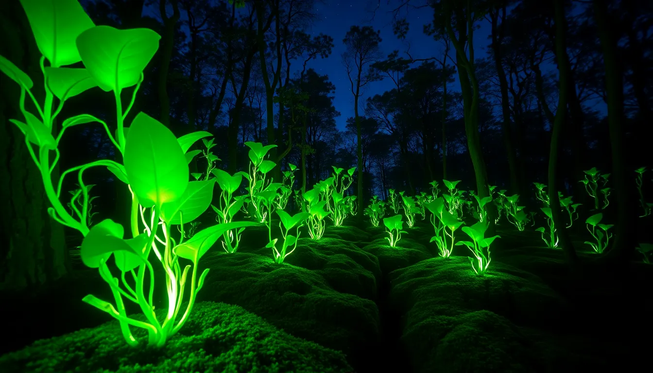 Bioluminescent Alien Forest This enchanting alien forest comes alive with bioluminescent flora that softly illuminates the surroundings, creating a surreal and magical atmosphere. The vibrant greens and deep blues are enhanced by a stunning starry sky above, while the texture of the moss-covered forest floor adds depth to the image. The leading lines of the glowing vines direct the viewer's gaze into the heart of the forest, sparking curiosity and wonder about the mysteries of this otherworldly realm.