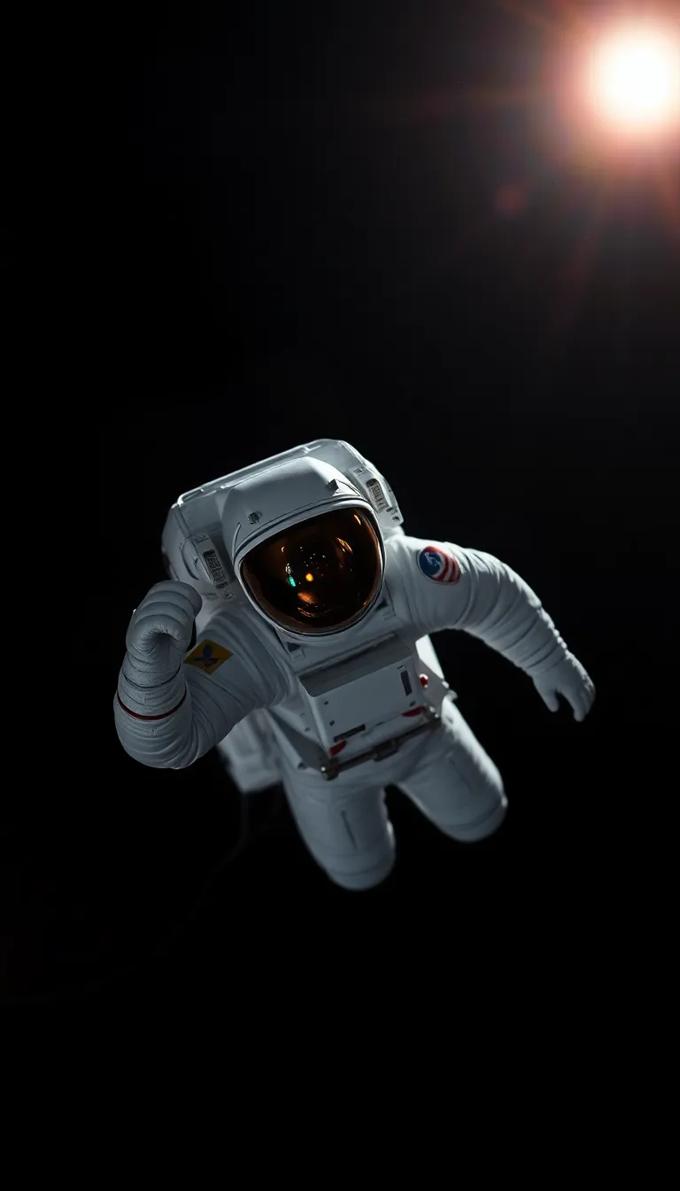 This stunning image captures an astronaut adrift in the infinite expanse of space, tethered to a distant spacecraft. The bright sunlight reveals intricate details of the space suit while casting dramatic shadows that enhance the scene's depth. With a perfect shallow depth of field, focus is on the astronaut's reflective visor, revealing hints of the surrounding starfield. This composition powerfully illustrates the isolation and wonder of space exploration.