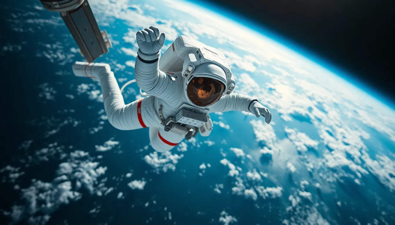 This compelling image captures an astronaut gracefully floating in zero gravity, with the International Space Station in the background. Earth’s vibrant colors contrast beautifully against the blackness of space, adding depth to the scene. The dynamic composition emphasizes the isolation and awe of space travel, enhanced by natural sunlight that highlights the astronaut’s suit. The shallow depth of field draws focus to significant details, making this image an outstanding depiction of space exploration.