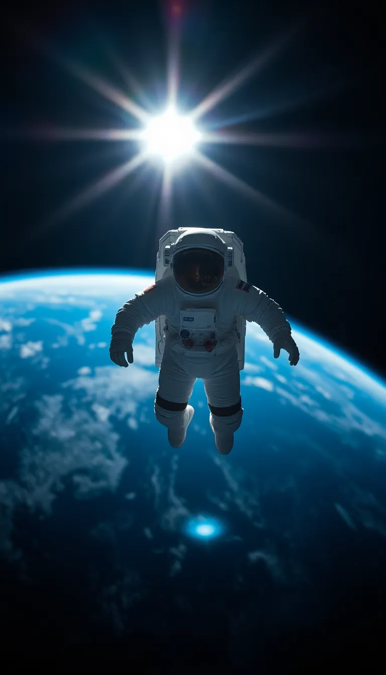 This stunning image portrays an astronaut adrift in the vastness of space, with Earth visible in the background. The bright sunlight reflects off the astronaut's suit, creating a striking contrast against the deep black of space. With a shallow depth of field, the focus rests on the astronaut, while the distant planet becomes a soft blur, highlighting the isolation of the scene. The vibrant colors and compelling composition evoke a sense of adventure and exploration among the stars.