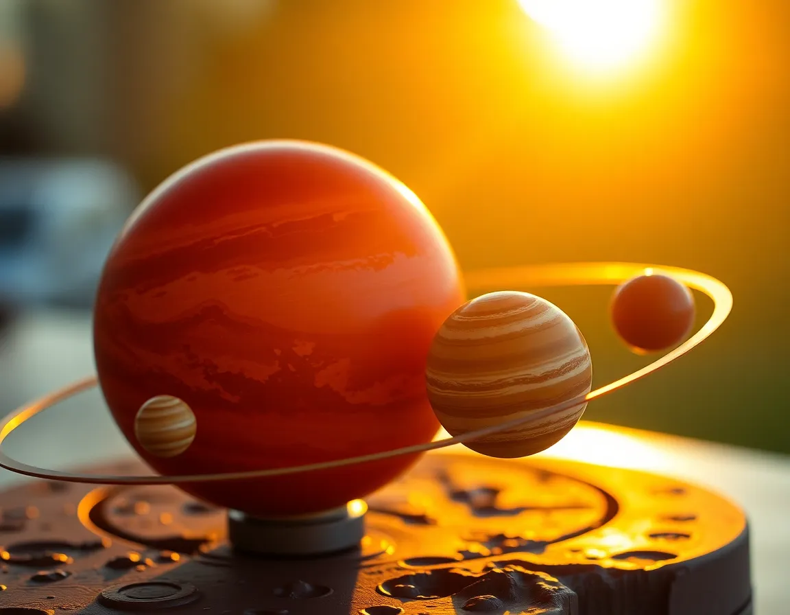 This image beautifully captures a detailed model of the solar system bathed in golden hour light. The warm highlights illuminate the model's textures while the blurred background enhances the focus on each planet's unique surface details. The composition adheres to the rule of thirds, ensuring a harmonious balance among the celestial bodies. The rich, warm color palette evokes a sense of wonder, inviting viewers to contemplate the vastness of space from the comfort of Earth.