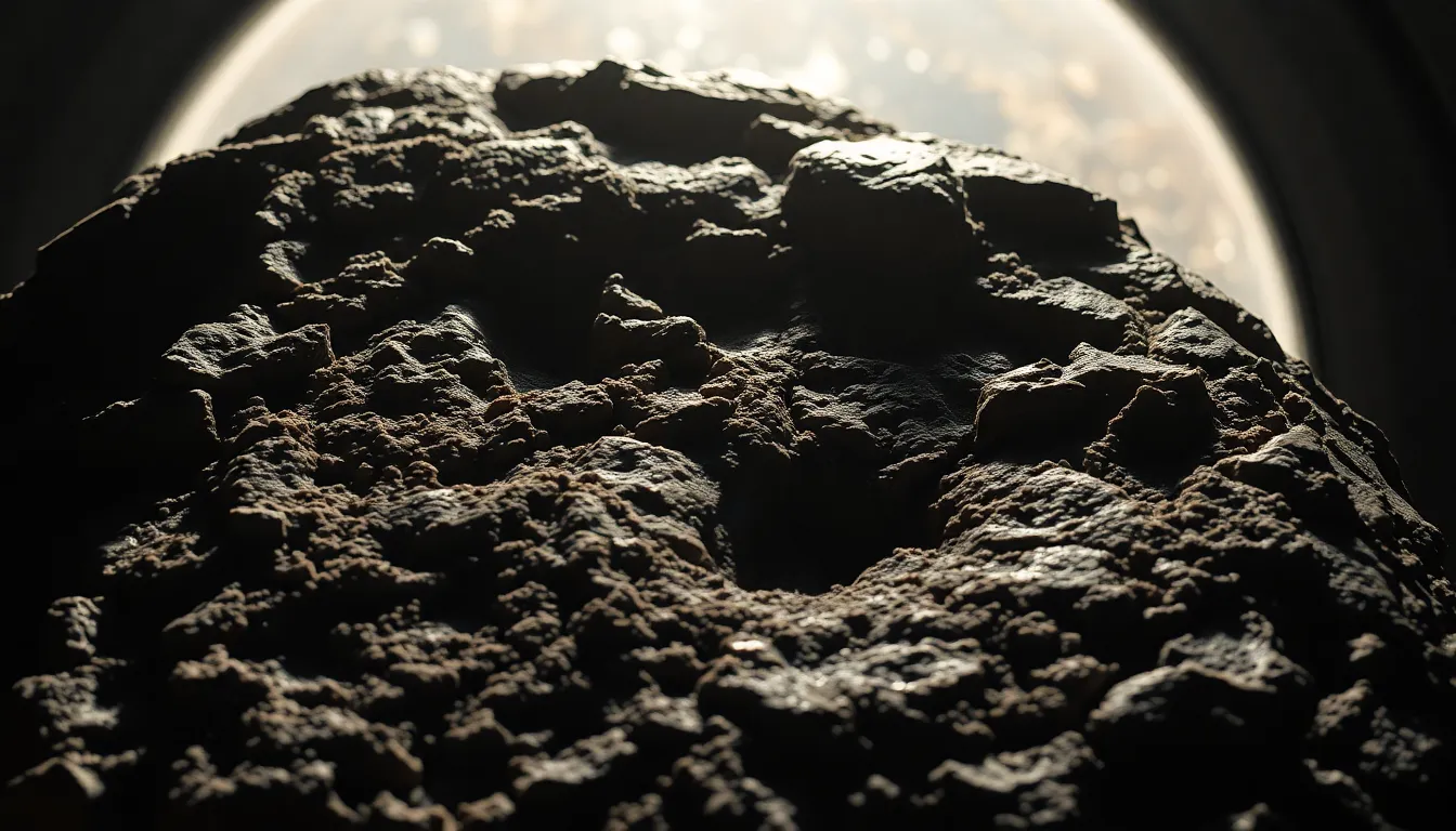 Close-Up of Asteroid Textures This macro image offers an intimate look at the rugged textures of an asteroid, illuminated by dappled sunlight filtering through a spacecraft window. The sharp focus reveals the intricate surface details, showcasing the ancient scars and character of the rock. With a soft bokeh effect, the warm sunlight creates an inviting atmosphere in contrast to the asteroid's muted earth tones. The composition centers on the asteroid, celebrating the beauty of celestial bodies within our solar system.