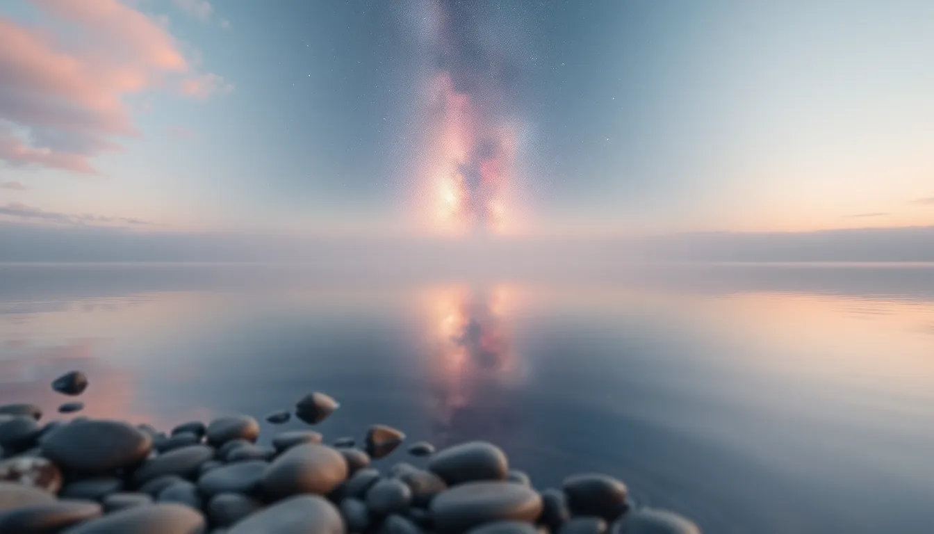 Tranquil Reflection of Galaxy in Lake This enchanting image captures a distant galaxy reflected in the serene surface of a tranquil lake at dawn. The soft pastels of pinks, purples, and blues create a dreamy atmosphere, enhanced by the gentle glow of morning light. The hyperfocal depth of field allows for clarity from the pebbles in the foreground to the shimmering galaxy above. With its symmetrical composition, this photograph masterfully reflects the beauty and balance of the universe, evoking a sense of calm and wonder.