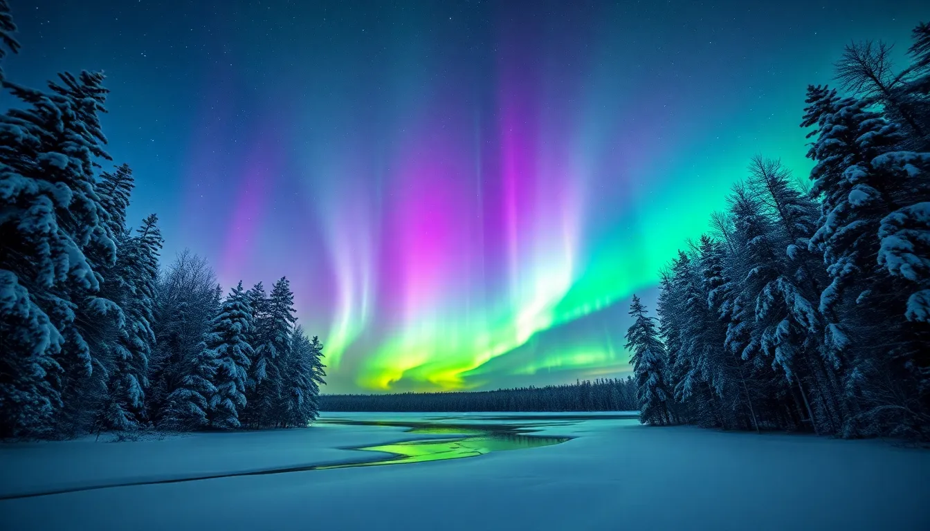 This breathtaking image showcases the vibrant aurora borealis dancing across a starry night sky, casting enchanting greens and purples over a tranquil snowy landscape. The frozen lake below reflects the spectacular colors, adding depth to the scene. Leading lines from snow-covered trees guide the viewer’s eye towards the captivating auroras. With a shallow depth of field, the foreground remains sharp while the luminous lights create a dreamlike atmosphere, capturing the magic of nature's beauty.