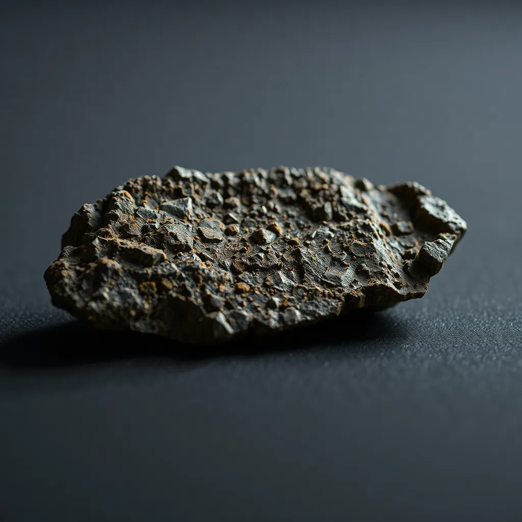 Experience the beauty of this meteorite fragment, showcasing its incredible textures and crystalline structures. Captured in rich earthy tones, the piece rests elegantly on a dark surface, highlighted by soft, diffused lighting. The shallow depth of field creates an intimate focus on the meteorite, allowing for close examination of its natural beauty. The symmetrical composition invites contemplation about the origins of this otherworldly material, perfect for science enthusiasts and nature lovers.