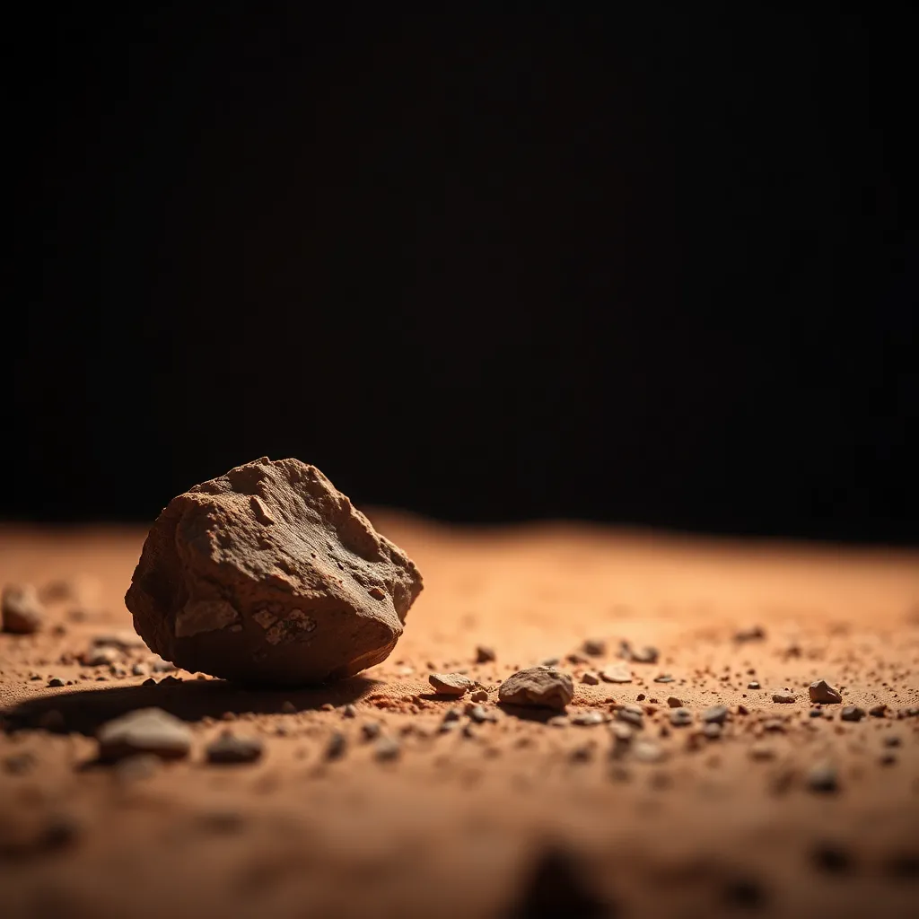 This detailed image captures a close-up view of a rock sample from Mars, showcasing its unique textures and color variations. Bright studio lighting enhances the mineral details, while a shallow depth of field keeps the focus on the rock, blurring the background. The muted reddish tones depict the essence of Mars, contributing to the overall alien aesthetic. This composition skillfully highlights the sample's significance in understanding planetary geology.