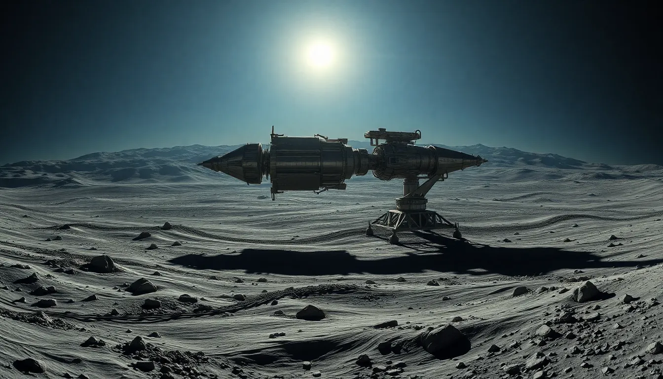 Lunar Outpost with Docking Space Station This breathtaking panoramic view showcases a massive space station docked at a lunar outpost, beautifully illuminated by the glow of Earthrise. The stark contrasts between the rugged lunar surface and the sleek metal of the station create a striking visual effect. The hyperfocal depth ensures all details are captured sharply, immersing the viewer in this extraterrestrial landscape. This image embodies the frontier of space travel and exploration.