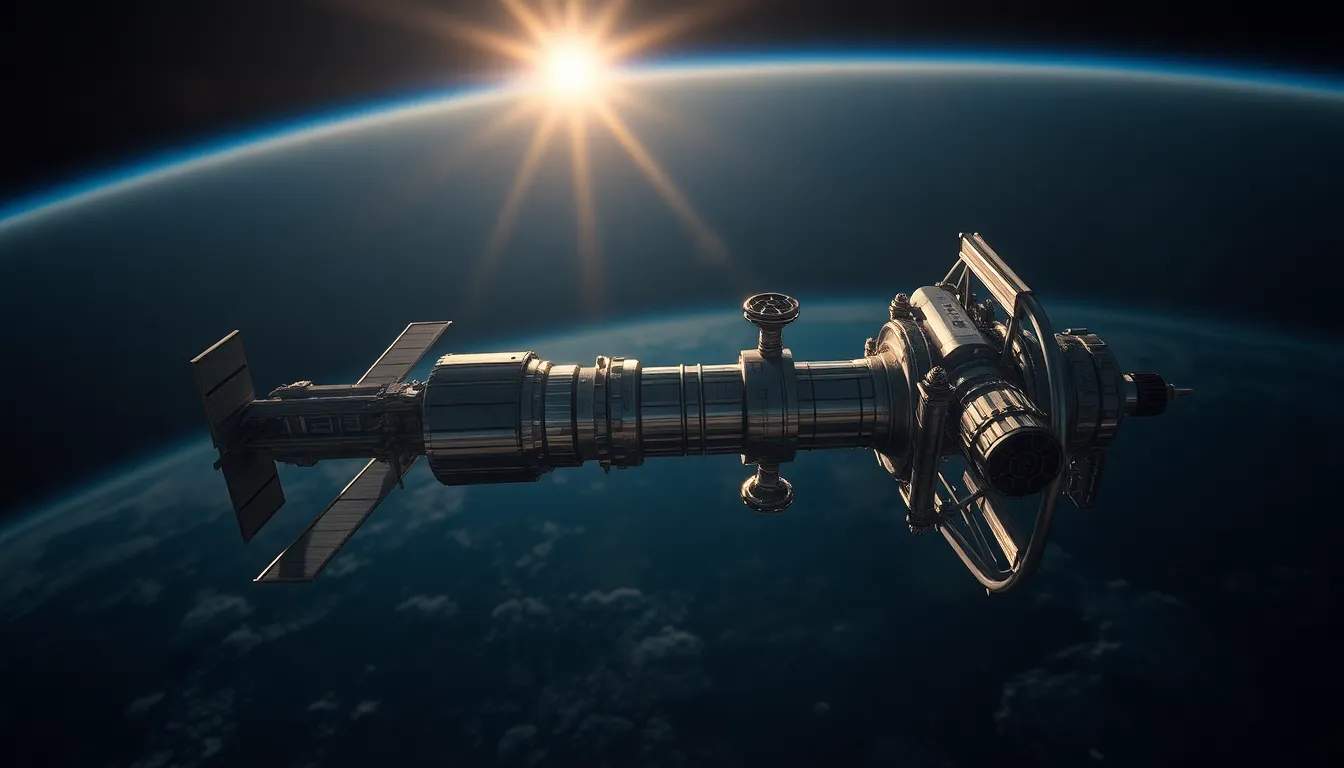 Futuristic Space Station Orbiting Earth This captivating image captures a futuristic space station gracefully orbiting Earth, illuminated by the sun's warm rays. The intricate details of the station's design are highlighted against the deep blue of space, providing a striking contrast. The blurred backdrop of Earth adds depth, making the station appear monumental. This photo is a perfect representation of human innovation in the cosmos, showcasing both technology and the vastness of space.