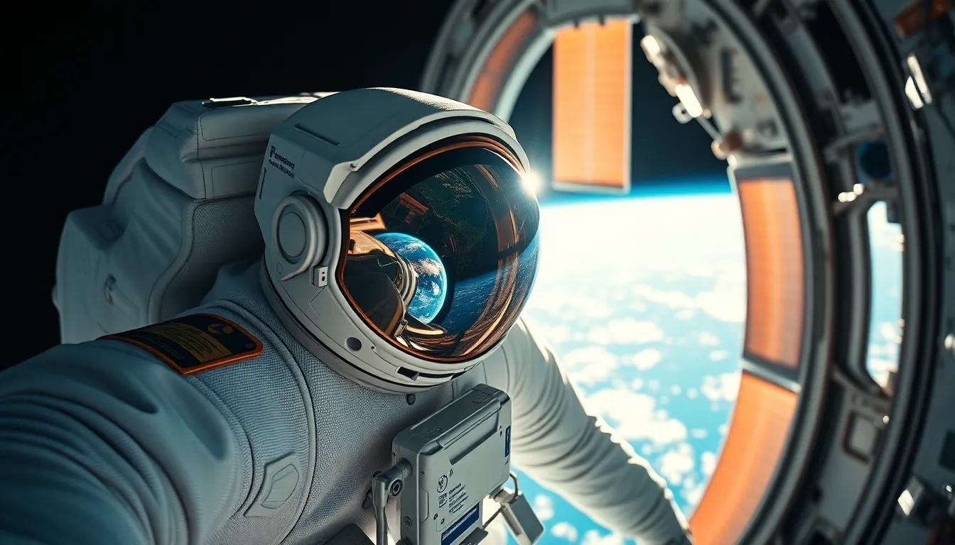 Astronaut in Spacewalk Outside Space Station This exhilarating image captures an astronaut engaging in a spacewalk outside a rotating space station, with Earth visible in the helmet’s reflection. Harsh sunlight creates dramatic contrasts, emphasizing the textures of the astronaut's suit and the station. The use of focus on the helmet draws the viewer's eye, creating a dynamic and immersive experience. This photo encapsulates the thrill of space exploration and the vast beauty of our planet.