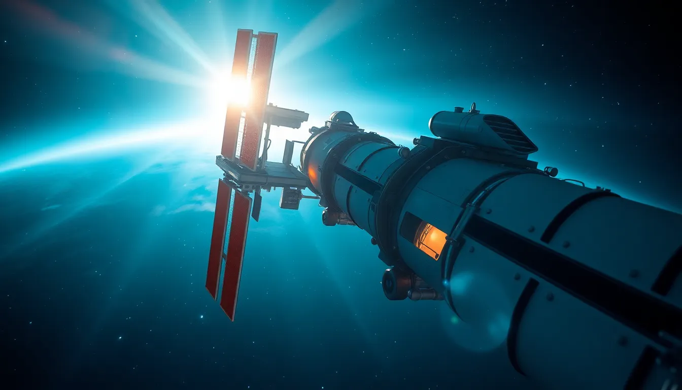 Space Station Docking in Orbit This stunning image showcases a space station gracefully docking against the infinite backdrop of space. The image captures the intricate details of the station's metallic surfaces, illuminated by dramatic overhead lighting that mimics solar glare. Warm metallic tones contrast against the cool blues and blacks of the cosmos, creating a mesmerizing visual experience. The shallow depth of field draws the viewer's focus to the textures of the docking ports and solar panels, while the starry background adds an ethereal ambiance to the scene.