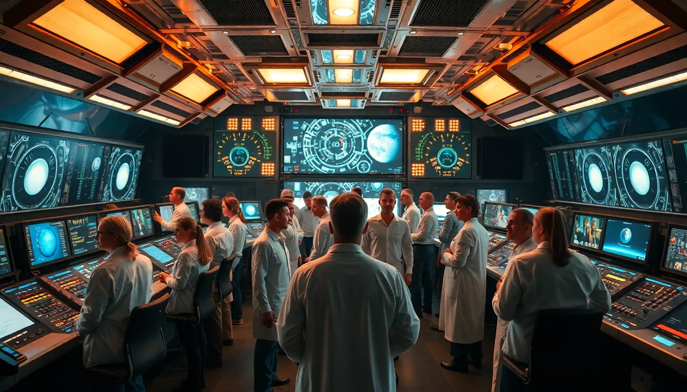 Inside a lively space station control room, scientists and engineers are deeply engaged in their work, illuminated by warm overhead lighting. The rich colors of the technical equipment contrast beautifully with the natural skin tones of the team, enhancing the collaborative atmosphere of innovation. This image captures the essence of teamwork in the dynamic setting of space exploration, emphasizing the sharp details across all elements.