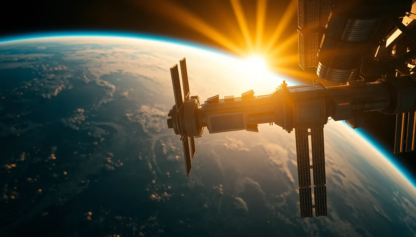 Futuristic Space Station Orbiting Earth at Twilight This image captures a futuristic space station gracefully orbiting Earth during twilight. The warm glow of ambient light reflects off the station's sleek metallic surfaces, while a stunning gradient sky transitions from deep blue to vibrant orange. The meticulous details of solar panels and docking ports are accentuated due to precise lighting and sharp focus. The overall composition draws viewers' eyes toward the elegance of space engineering amidst the serene backdrop of the cosmos.