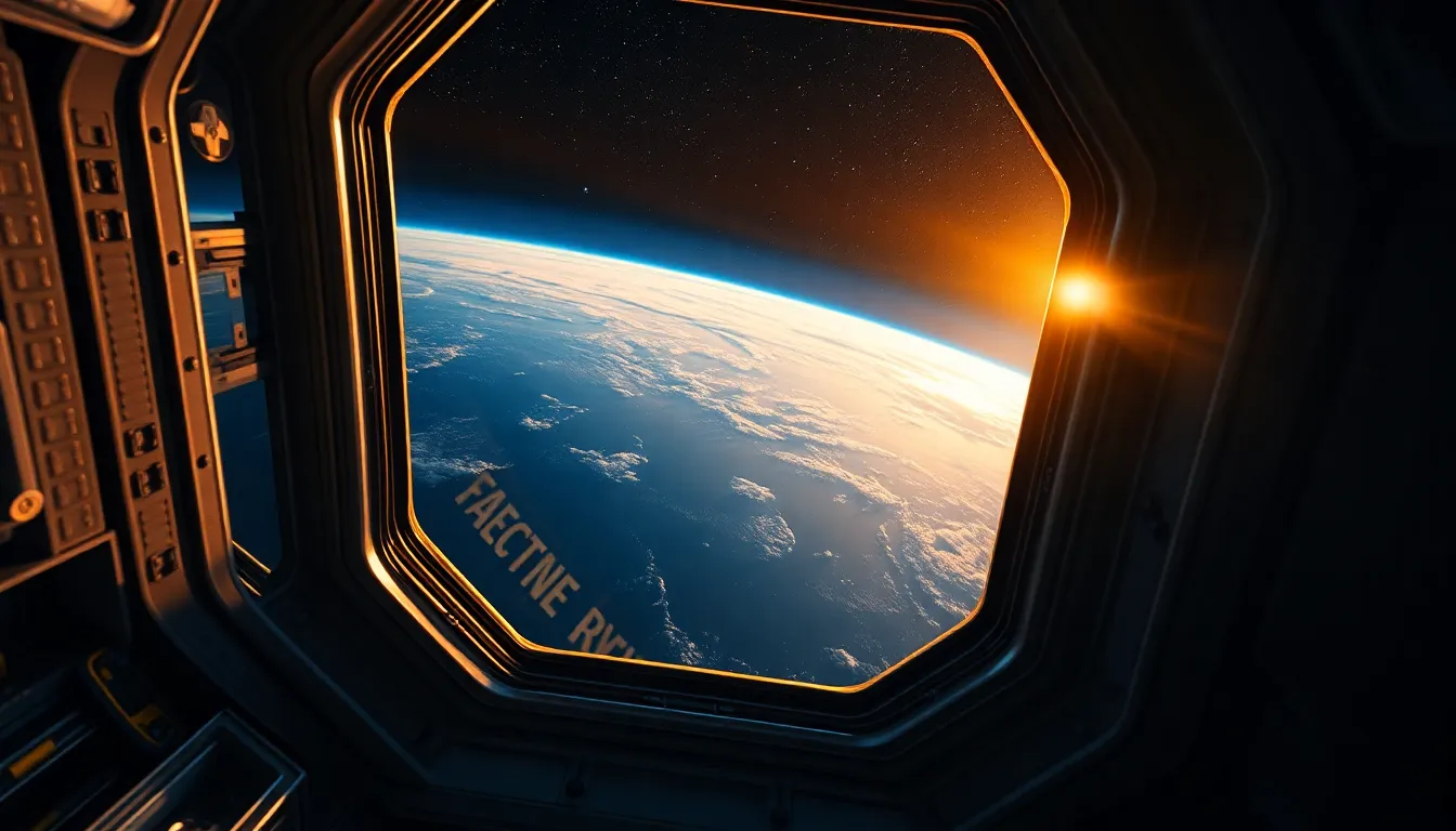 This image presents a breathtaking view of Earth from inside a space station, captured during golden hour. The warm sunlight highlights the metallic details of the interior, while the curvature of Earth glows in deep blues and greens. A shallow depth of field creates an ethereal quality, drawing attention to the stunning planet against a backdrop of stars. The unique perspective invites viewers to experience the beauty of our planet from above.
