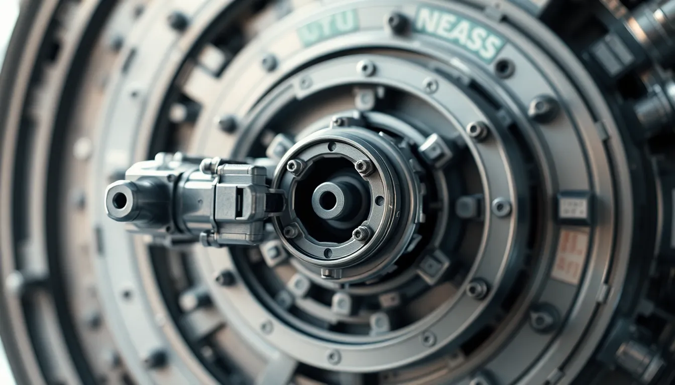 Close-Up of Space Station Docking Mechanism This close-up image reveals the intricate details of a docking mechanism on a space station, showcasing the precision engineering involved. Soft diffused lighting enhances the polished textures of the metal components, while the shallow depth of field draws attention to the fine details. The colors are muted and natural, emphasizing the sophistication of space technology. The composition focuses tightly on the mechanics, offering a view into the complexity and functionality of modern space exploration.