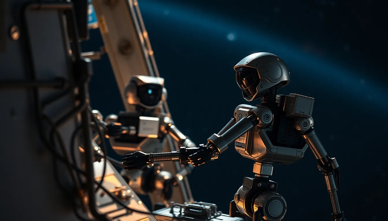 Exploration Robots on Space Station Exterior In this intriguing image, exploration robots are diligently working on the exterior of a high-tech space station, illuminated by artificial lights. The shallow depth of field draws focus to the robots while the celestial background melts into a dreamy bokeh. The muted color tones of steel and carbon materials enhance the advanced technology on display, showcasing the future of space exploration and robotics. This image encapsulates innovation and collaboration in an extraterrestrial environment.