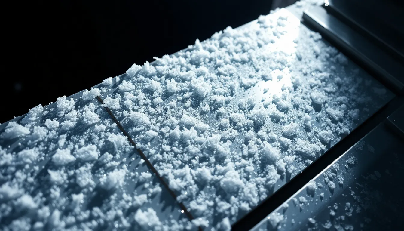 Experience the chilling beauty of outer space with this detailed macro shot of a space station's exterior panel, adorned with frost and ice crystals. The intricate textures and frozen designs shimmer under soft sunlight, contrasting beautifully with the dark void of space behind them. This image captures the hyper-details of the icy patterns and the smooth metallic surface, showcasing the harsh but beautiful conditions of life in space. The composition centers on the icy panel, inviting viewers to appreciate the delicate intricacies that define the cold environment of the cosmos.