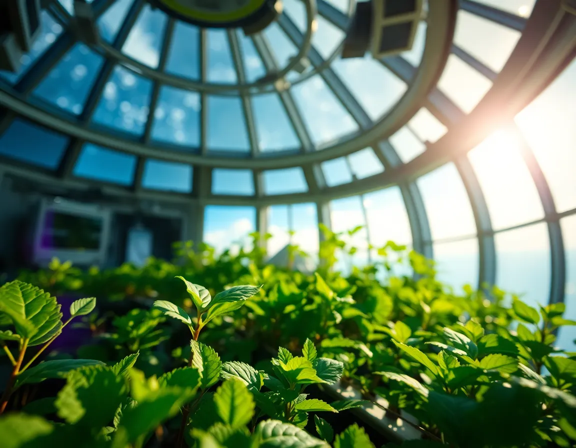 Lush Hydroponic Garden Inside Space Station This captivating image depicts a lush hydroponic garden thriving inside a space station, illuminated by dappled sunlight filtering through an observation dome. The saturated colors inspired by Fujifilm Velvia add deep blues and rich greens to the scene, enhancing the vibrancy of the plants. A shallow depth of field provides a soft painterly bokeh effect in the background, while the dynamic composition highlights the contrast between the vibrant vegetation and the refined steel and glass materials of the station.