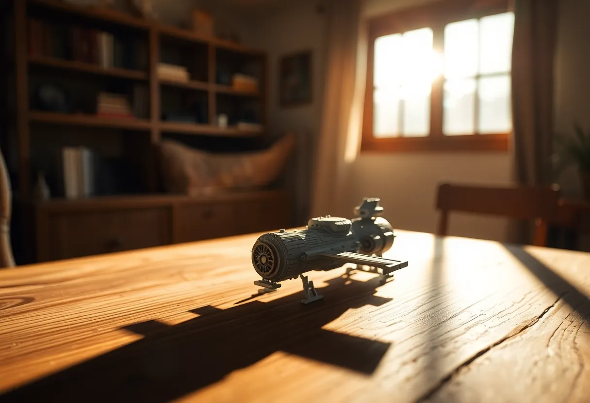 Explore the intricate details of a beautifully crafted model of a space station, elegantly displayed on a wooden desk. Soft natural light filters through the window, creating a warm and inviting ambiance that highlights the model's craftsmanship. The shallow depth of field draws the eye to the fine details, allowing viewers to appreciate the artistry and engineering of space exploration. This image combines elegance and nostalgia, reflecting on humanity's dreams of reaching the stars.
