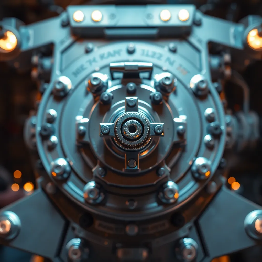 A macro view of a space station's docking mechanism, beautifully illuminated by warm tungsten lights that create a cozy ambiance. The selective focus draws attention to intricate engineering details, including visible bolts and textured surfaces. The natural muted tones enhance the metallic quality, while the rule of thirds composition provides a visually pleasing balance and draws the viewer into the complexity of this vital component.