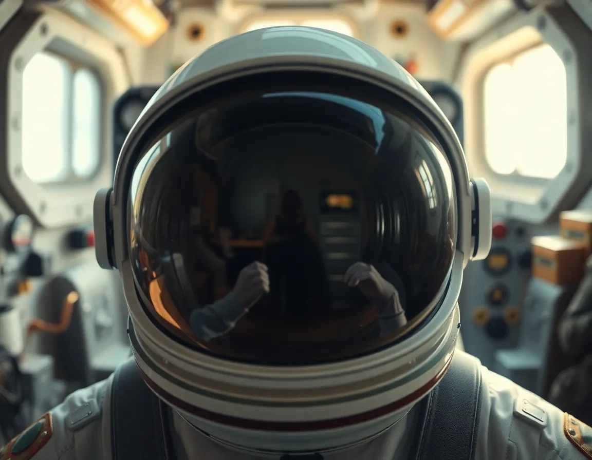 Reflection of Space Station Interior in Astronaut's Helmet This striking image captures a detailed view of an astronaut's helmet, reflecting the interior of a space station. Bathed in soft diffused daylight, the scene conjures a serene and contemplative atmosphere, inviting viewers to connect with the solitary experience of space exploration. The selective depth of field draws attention to the reflective surface of the helmet, showcasing the muted colors and textures of the station's equipment in the background. Using a rule of thirds composition, the image creates visual balance while emphasizing the intricate interplay between technology and human presence in space.