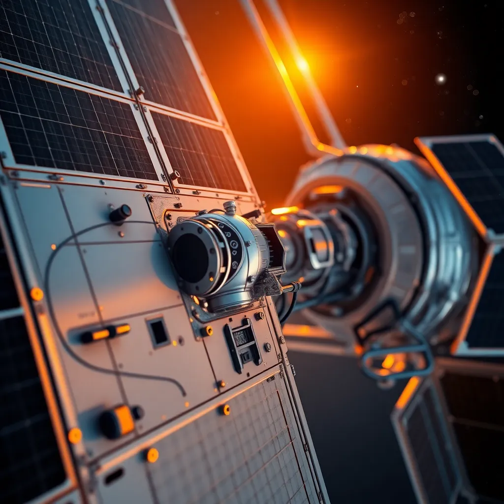 Close-Up of Space Station's Exterior at Sunset This close-up image presents intricate details of a space station's exterior, brilliantly illuminated by golden hour backlighting. The warm rim light accentuates the edges of the metallic surfaces, while the blurred background of stars creates a serene backdrop that emphasizes the focus on the station's craftsmanship. The smooth metal contrasts with the patterned textures of the solar arrays and docking ports, showcasing the engineering brilliance behind such structures. The centered composition brings a sense of harmony and balance to the image.