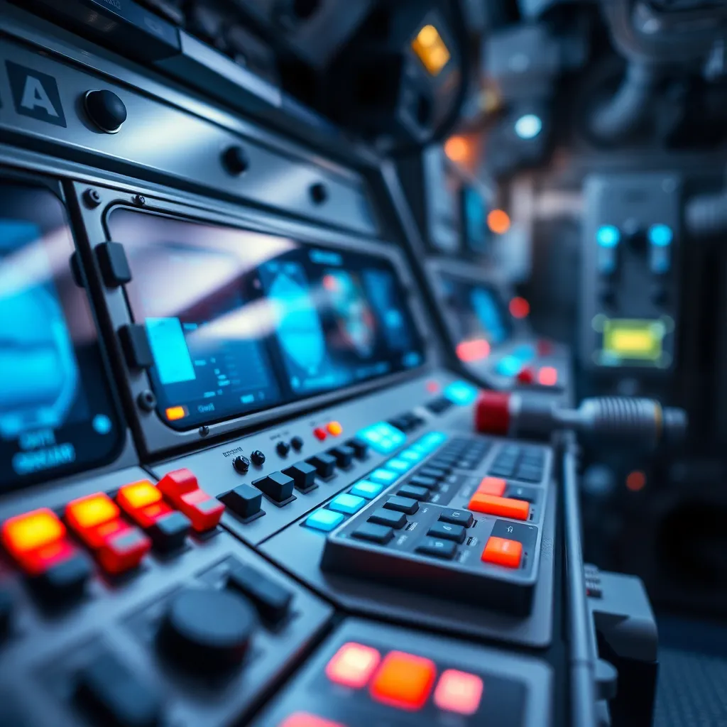 Close-Up of Space Station Control Panel This detailed close-up showcases a space station's sophisticated control panel, illuminated by soft studio lighting that brings out the intricate textures of the materials. The metallic greys and vibrant button colors create an engaging visual contrast, enticing viewers to explore the technology of space exploration. The macro focus captures every detail, immersing the audience in the high-tech environment. This image highlights the blend of design and function that defines modern space stations.