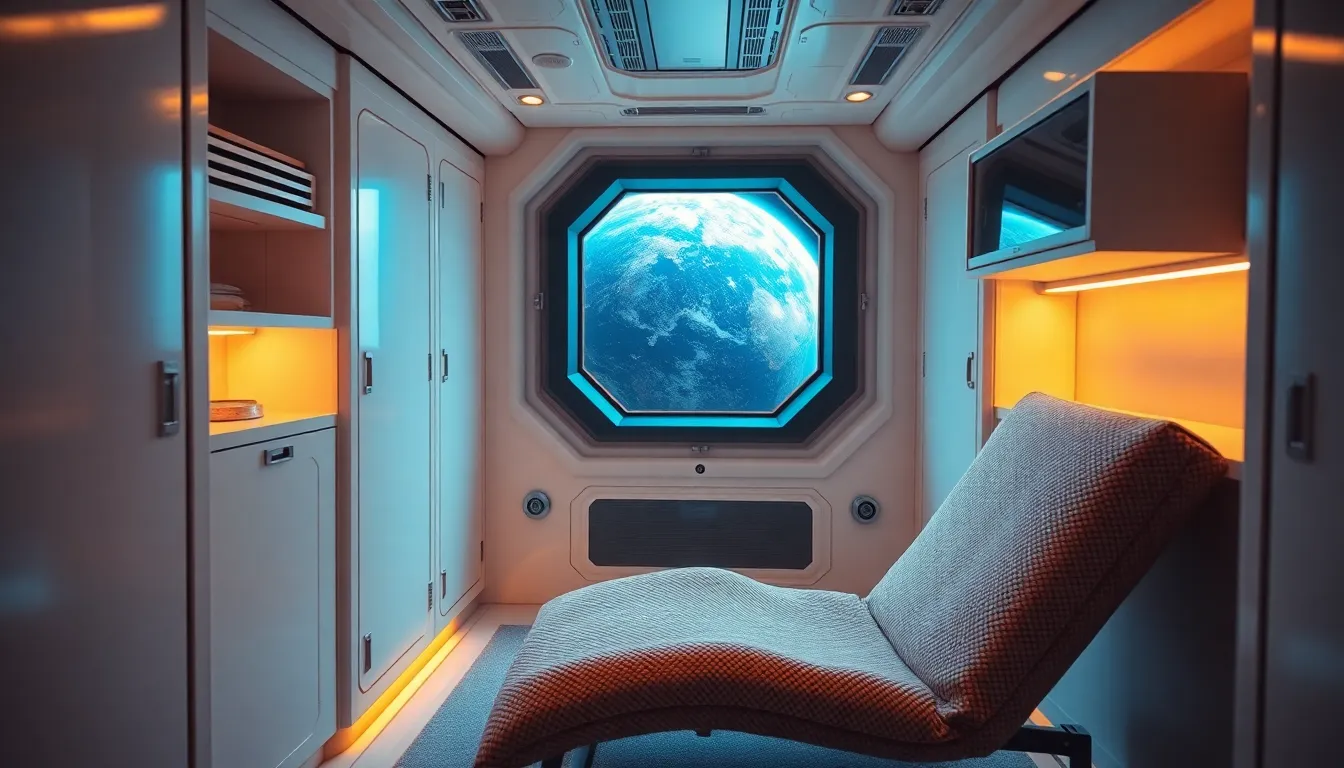 Step inside the cozy living quarters of a futuristic space station with this intimate image. Bathed in warm hues from ambient lighting, the interior showcases sleek storage compartments and a large window that reveals the breathtaking view of Earth below. The color palette is calming, featuring soft whites and gentle earth tones that contribute to a serene atmosphere. A shallow depth of field draws attention to the textured fabric of the lounging chair, inviting viewers into this comfortable sanctuary amid the vastness of space.