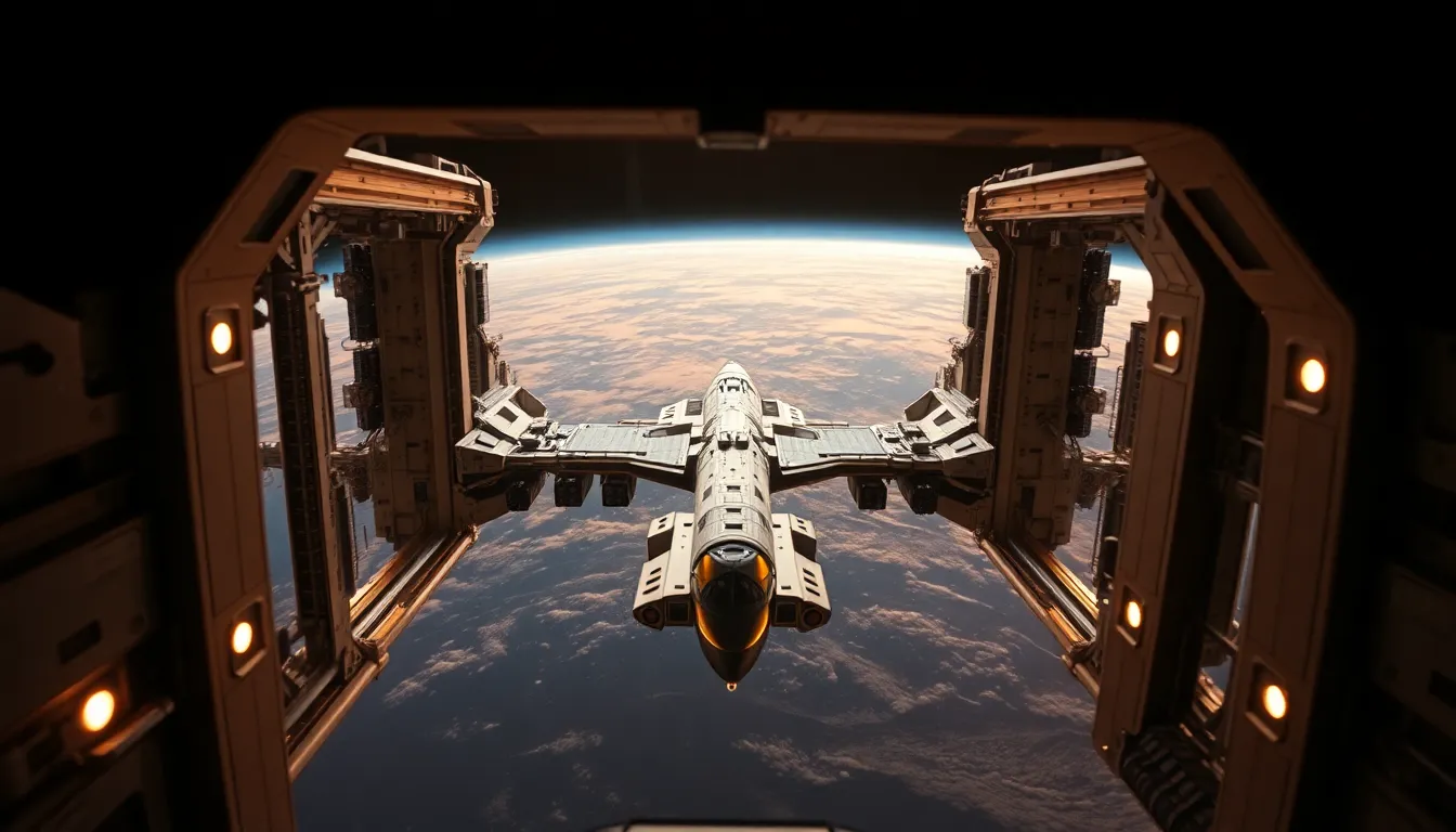 Space Station Docking Bay with Spacecraft This stunning image portrays a docking bay of a space station with a spacecraft approaching, bathed in warm tungsten light that creates a cozy atmosphere. The hyperfocal distance ensures everything from the foreground to infinity is sharp, showcasing the intricate details of the station's structure. Subtle hints of orange and yellow enhance the natural colors, while foreground framing adds depth and context to the scene. The modern design evokes a sense of cutting-edge technology in space.