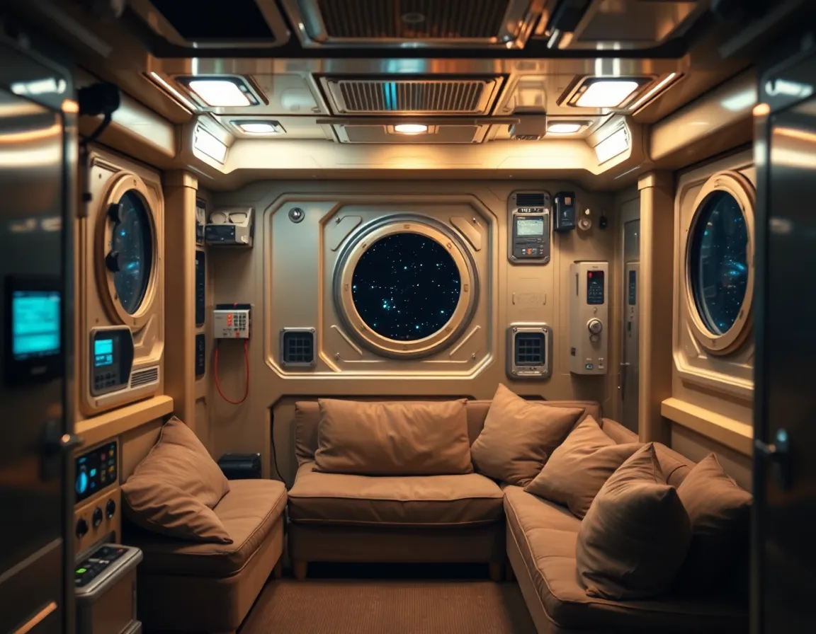 Cozy Interior of a Space Station Habitat Step inside this cozy habitat module of a space station, where practical LED lighting creates a warm ambiance. The thoughtfully designed living space features a comfortable seating area, bringing a touch of home to the vastness of space. Small porthole windows provide a glimpse of the universe, enhancing the module's futuristic design. Textured materials — from fabric to stainless steel — add depth and realism to the scene.