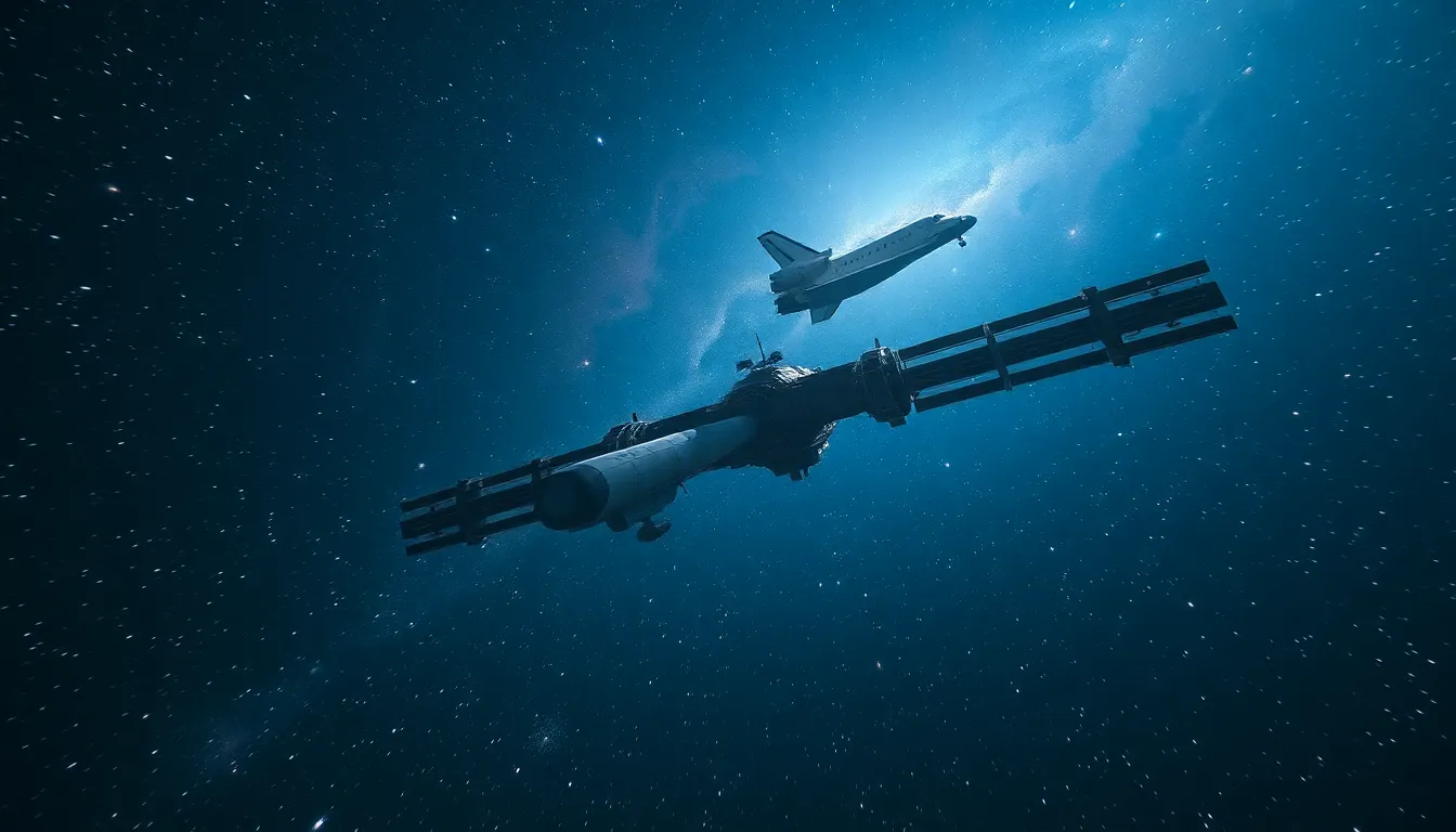 Witness the breathtaking sight of a massive space station docking with a shuttle as it floats effortlessly in the depths of space. The ethereal glow of countless stars forms a stunning backdrop, bathing the scene in dramatic light. The vivid colors highlight the intricate details of the space station, showcasing its scale against the infinite backdrop of the galaxy. This image beautifully captures the wonder and scale of human ingenuity in the exploration of the cosmos.