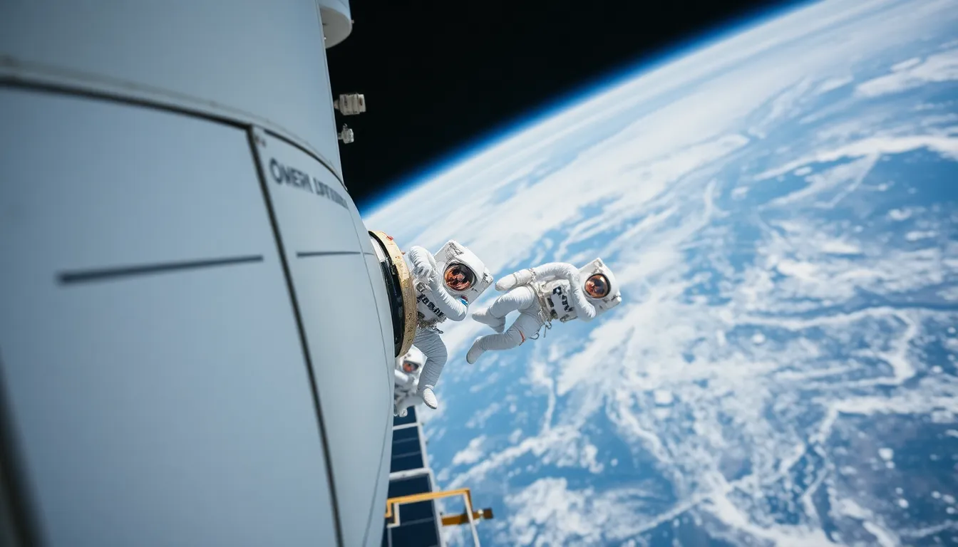 Astronauts Conducting Spacewalk This dynamic image captures astronauts conducting a spacewalk outside a space station under overcast conditions. The soft shadows created by diffused daylight enhance the natural muted tones, setting a serene mood. A selective focus on the astronauts highlights their activity, while leading lines from the station draw the viewer's eye toward them. The contrasting textures of their suits and the smoothness of the station add rich detail to the composition.