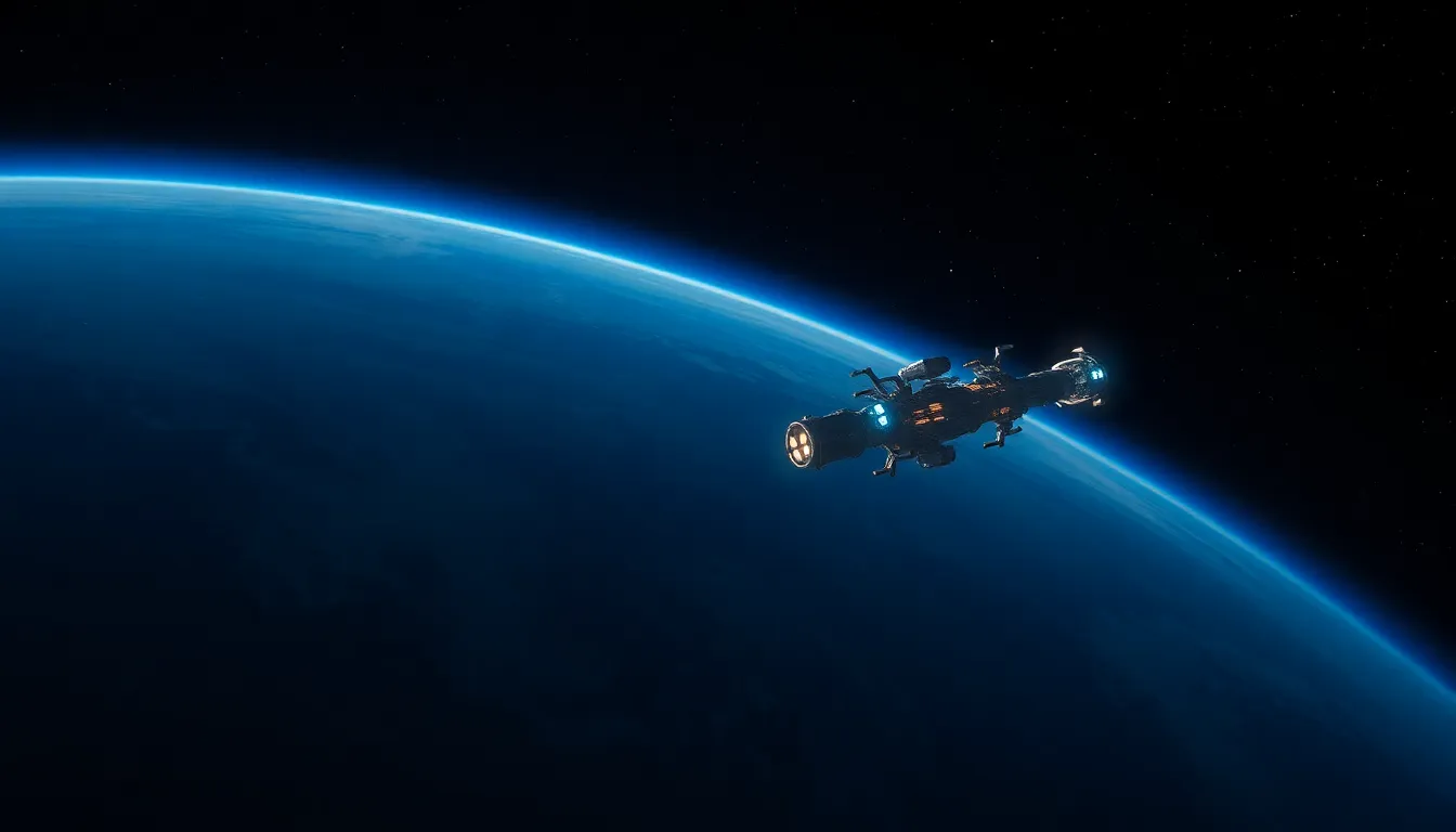 This breathtaking image depicts a space station gracefully orbiting a planet during the enchanting twilight hours. The deep blues of the planet's atmosphere blend into an indigo starry backdrop, creating a captivating celestial scene. The station itself is adorned with illuminated lights that reflect off its metallic surface, enhancing its presence against the vast expanse of space. With a hyperfocal depth of field, every detail from the foreground to the distant stars is crisp and clear, while the composition effectively uses leading lines to draw the viewer’s eyes toward the mesmerizing space station.