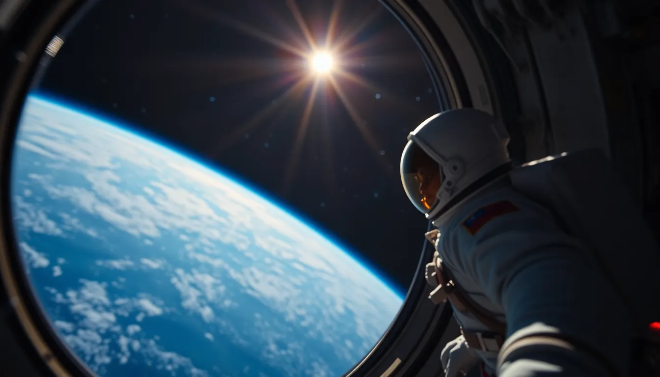 Astronaut Outside Space Station Capture the thrilling moment of an astronaut working outside a space station in this dynamic image. The vivid natural lighting streaming through a viewport creates a striking contrast with the rich blues of Earth and the deep blackness of space. Selective focus emphasizes the astronaut while creamy circular bokeh of distant stars adds depth to the backdrop. Leading lines from the station's structure draw the viewer's eye toward the astronaut, with intricate textures of the space suit highlighted in brilliant detail.