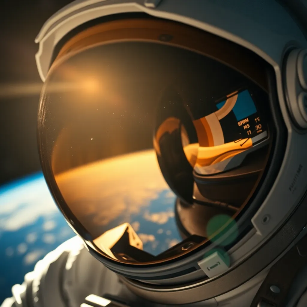 This captivating close-up image showcases an astronaut's helmet visor, reflecting the stunning view of Earth and the starry expanse of space. Shot in macro detail, the intricate textures of the visor and suit are beautifully rendered, while the sunlight creates a sparkling shimmer on the visor. With a soft bokeh background, this image invites viewers to connect with both the individual and the vast universe they inhabit. It’s a mesmerizing blend of human exploration and cosmic wonder.