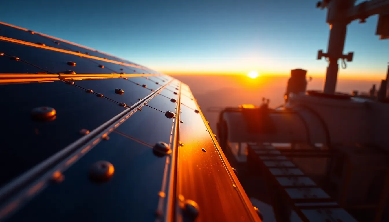 This stunning macro view captures the intricate details of a space station's exterior during the golden hour. The warm light highlights the metallic textures and emphasizes the engineering marvel of solar panels and docking ports. With soft shadows providing depth, the image offers a vibrant visual contrast, drawing viewers into the beauty of human innovation in the cosmos.