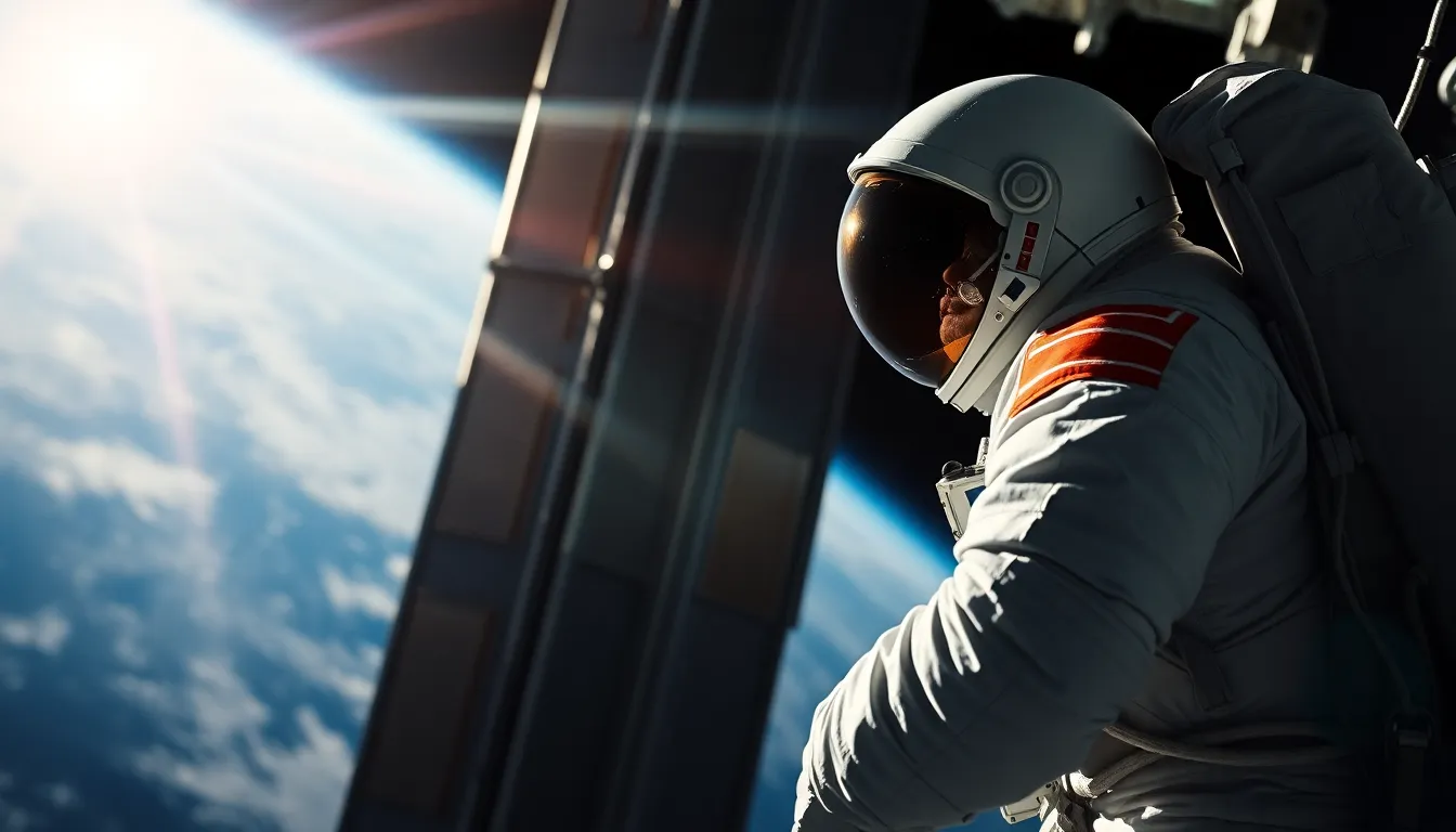 Astronaut Performing Space Walk Repairs This image captures an astronaut meticulously performing repairs on the exterior of a space station in the stark light of day. The harsh sunlight creates striking contrasts, emphasizing the rugged textures of the space station and the detailed suit worn by the astronaut. With a deep focus, both the foreground and background are clear, showcasing the vastness beyond. The composition skillfully balances the astronaut's presence against the infinite backdrop of space, creating an image filled with action and exploration.