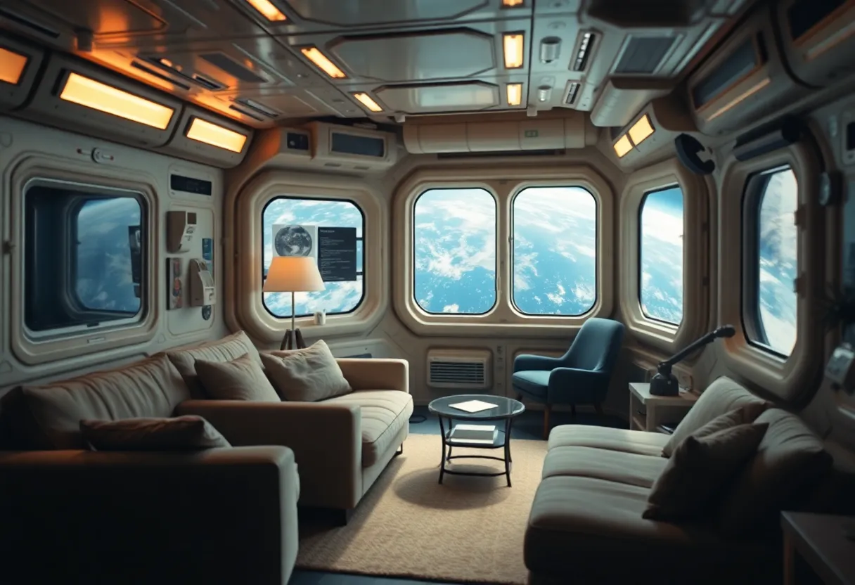 This inviting image captures the warm interior of a space station habitat, designed for astronauts to live comfortably while in orbit. Soft, warm lighting combined with natural light from large windows bathes the scene in a cozy glow, while the view of Earth adds a breathtaking backdrop. Floating furniture creates a sense of space and tranquility, making it feel like a home away from home. The use of muted earth tones enhances the living area’s inviting nature, providing a striking contrast to the vast dark of space outside.