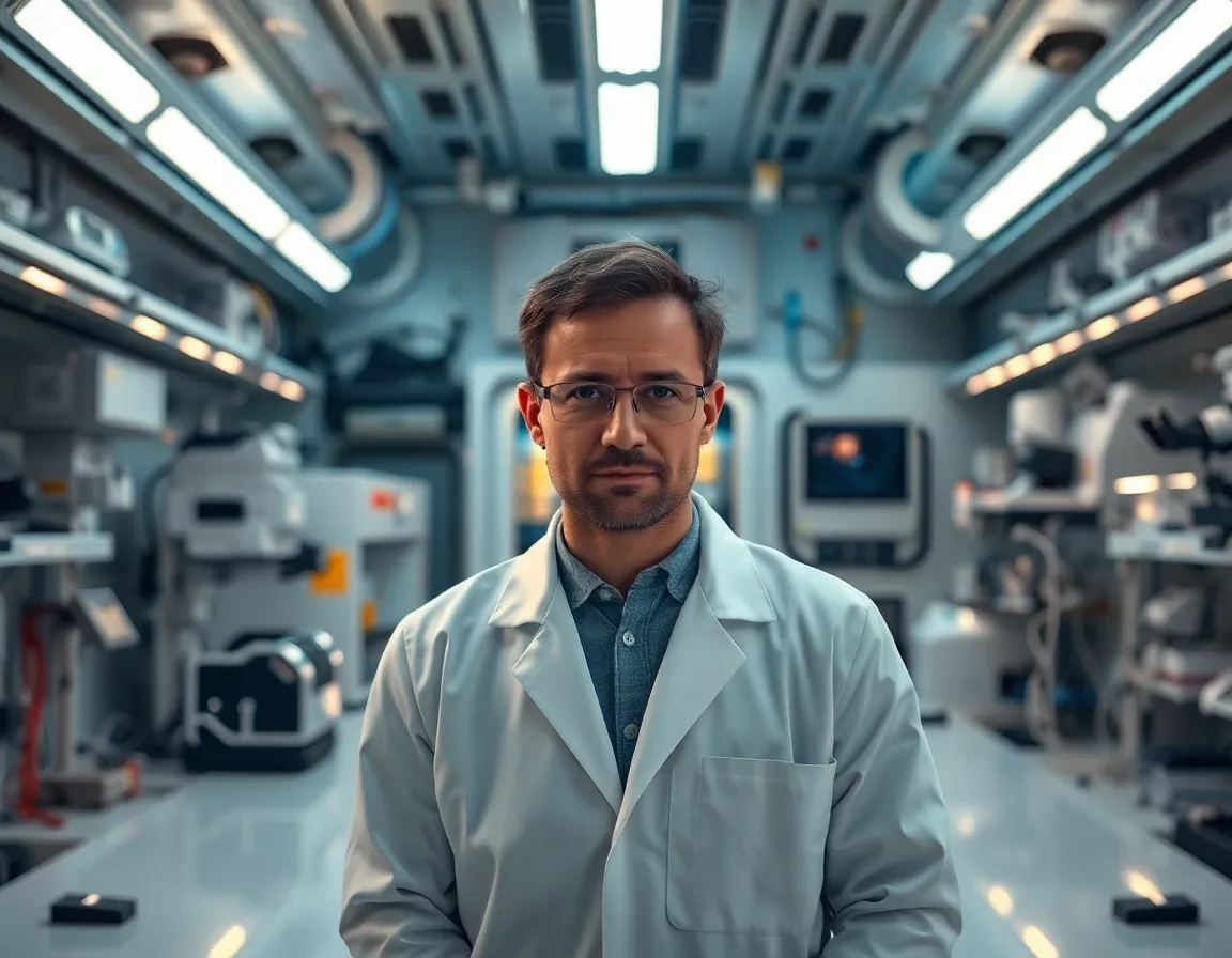 Astronaut Inside Space Station Control Module This captivating image portrays an astronaut deeply engaged in a task within a space station control module. Illuminated by practical overhead lights, the warm glow creates a stark contrast to the cold, industrial surroundings. The astronaut's focused expression is beautifully captured through a soft depth of field, emphasizing the isolation and intensity of space work. Muted grays and whites dominate the scene, punctuated by colorful control panel lights, creating a visually dynamic interplay of light and shadow.