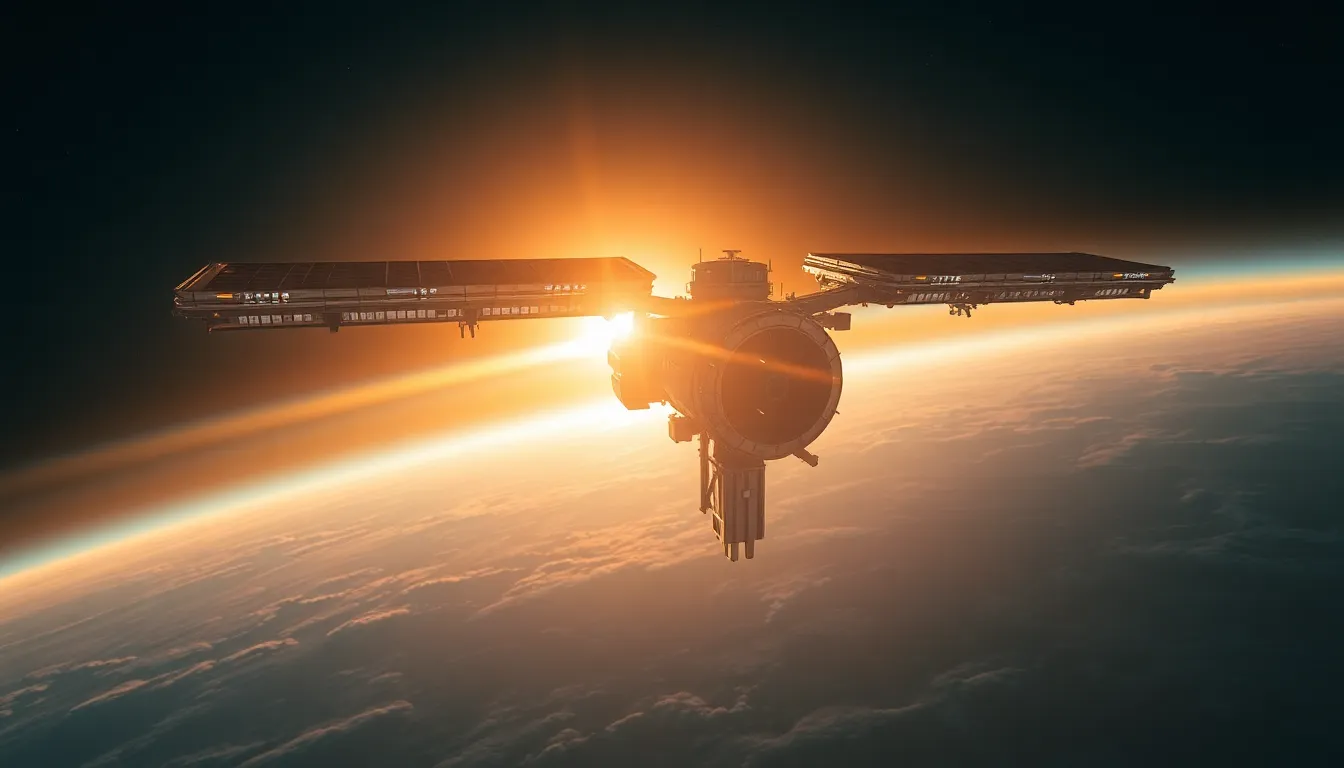 Futuristic Space Station in Orbit This breathtaking image captures a futuristic space station floating majestically in the vastness of space during golden hour. The vibrant colors of the cosmos create a stunning backdrop, while warm rim lighting accentuates the station's sleek design. The hyperfocal depth of field keeps all elements in sharp focus, enhancing the sense of infinity in the scene. The composition's leading lines guide the viewer's gaze toward the enchanting depths of space.