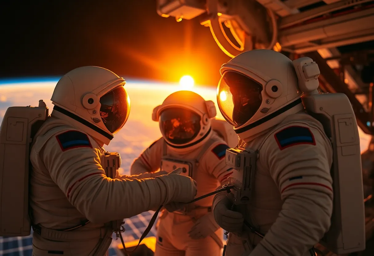 This close-up image captures astronauts diligently working on repairs outside a space station during dawn's early light. The warm glow of sunrise beautifully contrasts with the cool tones of space, emphasizing the astronauts' presence and the intricate details of their suits. The focus is sharp on their activity, creating a dramatic narrative, while the soft bokeh background adds depth and context to this awe-inspiring scene.