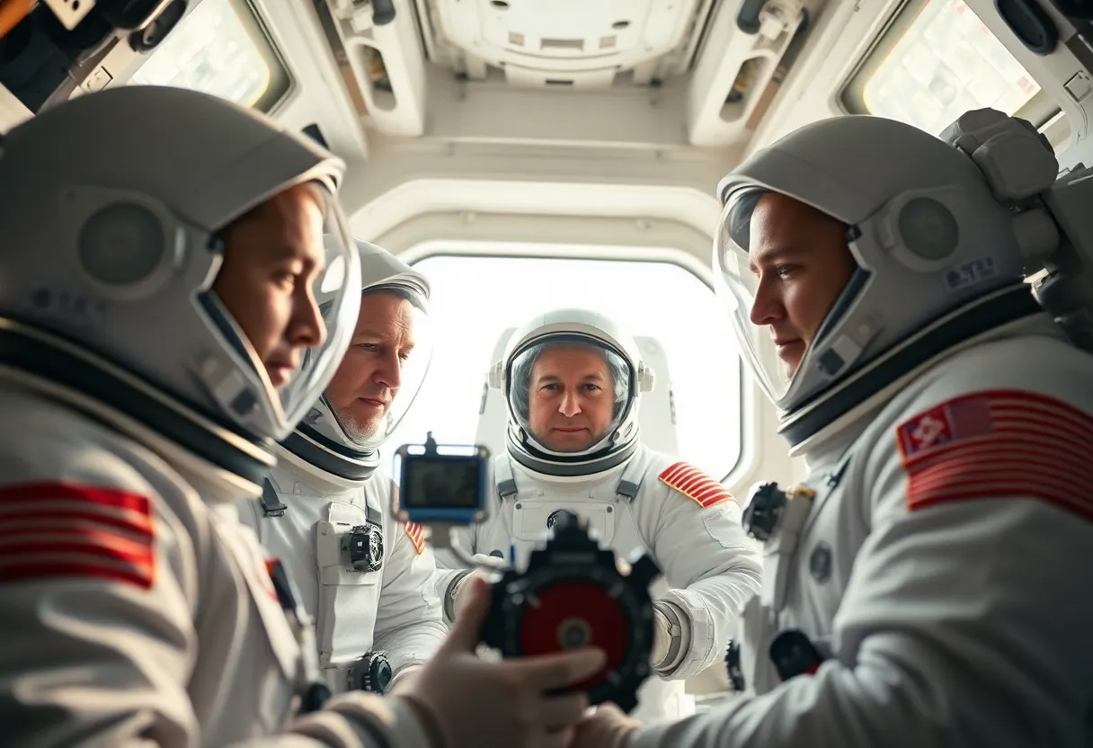 This stunning image captures a futuristic space station elegantly orbiting a distant planet amid a vibrant nebula. The metallic surface of the station glimmers under ambient starlight, with captivating reflections in a cinematic teal and orange color palette. A shallow depth of field creates a striking focus on the station, while an ethereal cosmic background blurs beautifully. The composition employs the rule of thirds, guiding the viewer's attention to the intricate details of the space station.