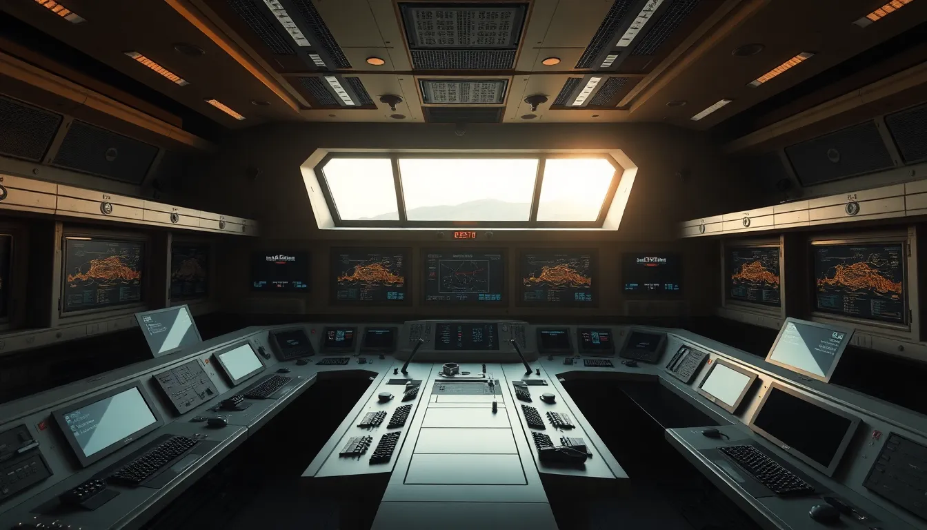 Interior of a Space Station Command Center Step into the heart of a space station with this captivating image of its command center. The soft ambient lighting from a sunlit window creates a warm atmosphere, while the natural muted tones highlight the sleek design of the control panels and digital interfaces. The hyperfocal distance ensures clarity throughout the scene, drawing attention to the intricate textures of brushed metal and glass. Centered in a symmetrical composition, this image invites viewers to explore the high-tech environment of space exploration.