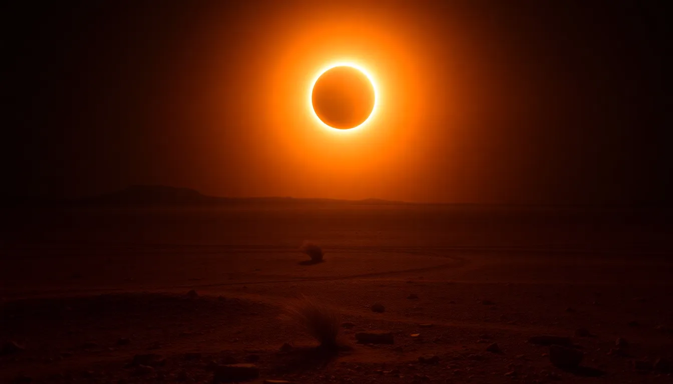 This breathtaking image captures a powerful solar eclipse occurring over a stark, barren landscape. The unique lighting created by the eclipse casts intriguing shadows and enhances the contrast between the deep blacks of the shadow and the fiery oranges surrounding the sun. Taken with a Nikon Z9, the image's depth brings the eclipse into sharp focus while creating a dramatic atmosphere. The composition, with the eclipse positioned strategically in the upper right corner, draws the viewer's eye across the vastness of the desert, evoking awe and wonder in the face of celestial phenomena.