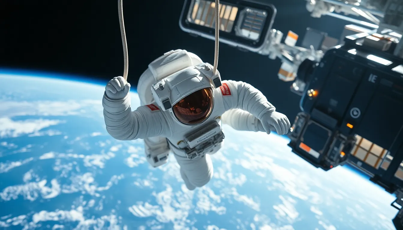 Astronaut Floating Near the International Space Station