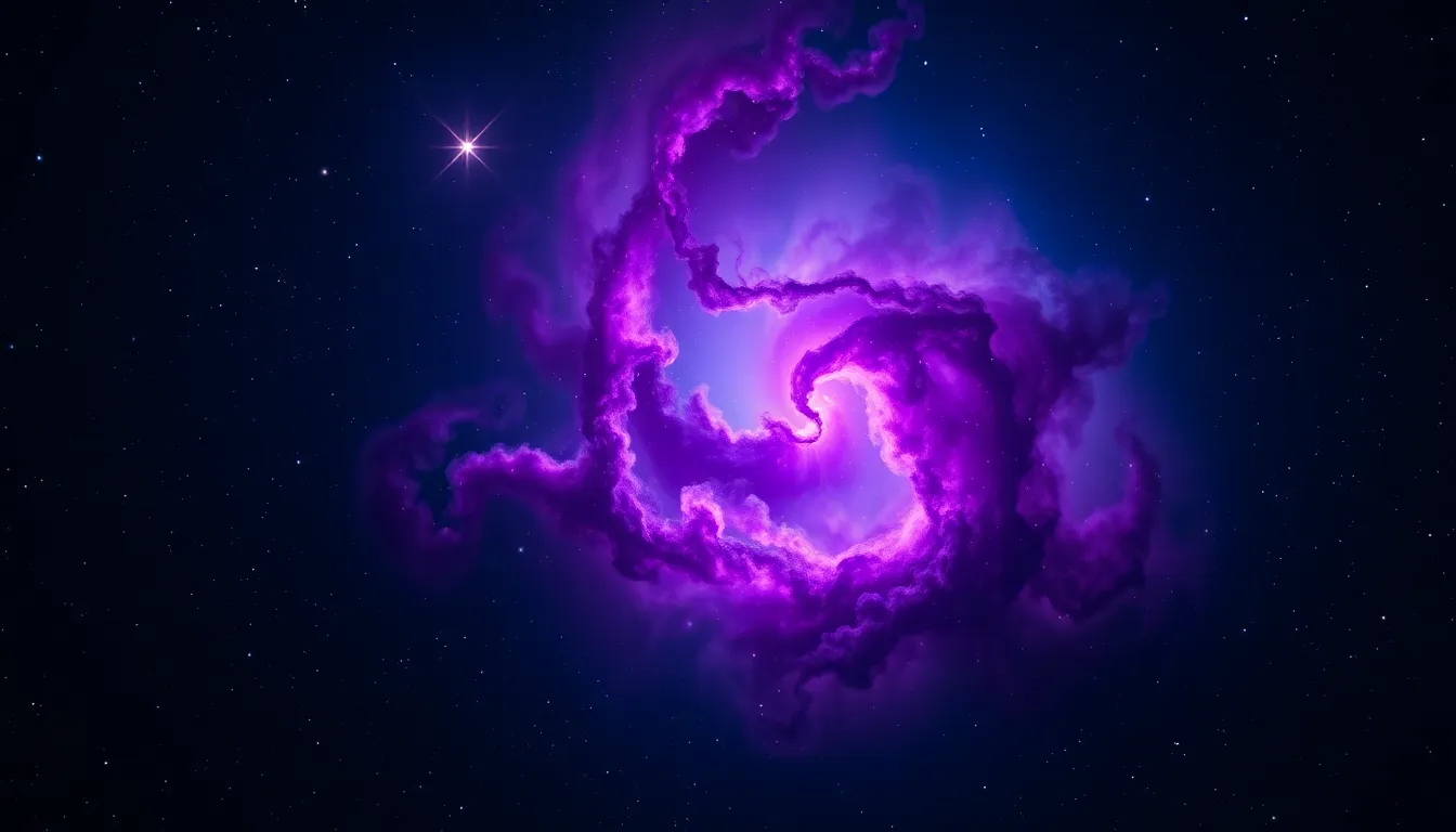Vibrant Cosmic Nebula with Stars A breathtaking view of a vibrant cosmic nebula illuminated by a distant star, showcasing swirling gas clouds in stunning detail. The color palette features deep purples and blues, evoking a sense of mystery and wonder. With a shallow depth of field, foreground stars add a sense of depth, drawing the viewer into this cosmic landscape. This image captures the beauty of space, inviting viewers to explore the mysteries of the universe.