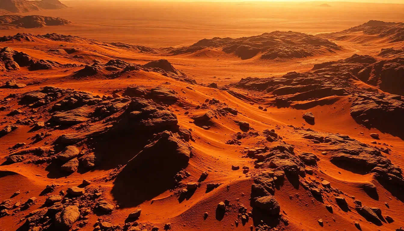 Mars Surface with Rocky Terrain Explore the rugged terrain of Mars in this hyper-detailed image, showcasing the planet's rocky surface and fine dust. Captured under the harsh sunlight, long shadows create an intriguing interplay of light and dark across the craters. The earthy reds and browns dominate the scene, evoking a sense of desolation. With a sharp focus throughout, leading lines guide the viewer's eye into the distant Martian landscape, highlighting its mysterious beauty.