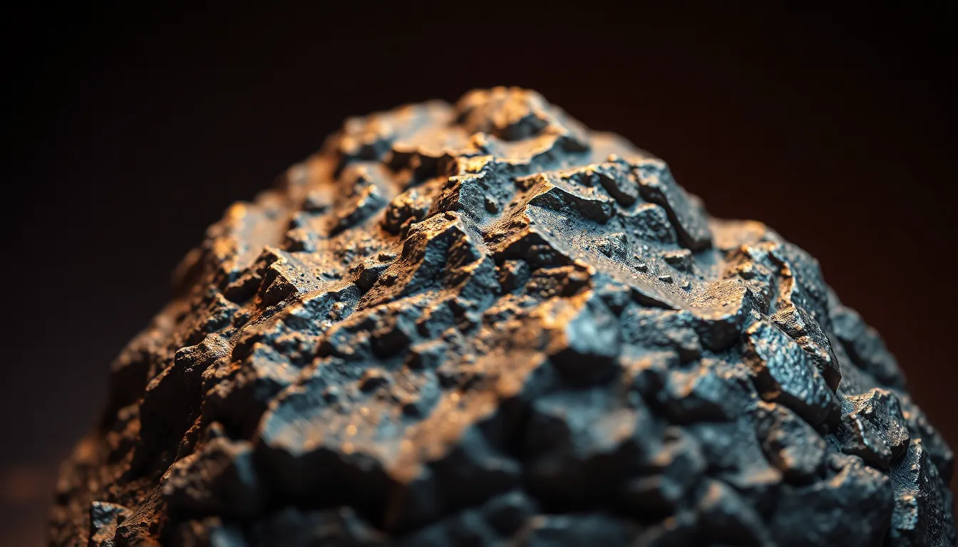 Close-Up of a Meteorite with Intricate Details This stunning close-up image captures the rugged texture and metallic luster of a meteorite, revealing the beauty of its journey through space. Taken with a Fujifilm GFX 100S, the lighting is crafted to create warm highlights that contrast with the cool shadows, accentuating the meteorite’s unique features. The earthy browns and silvers are enhanced by hints of oxidization, telling a story of cosmic history. Centered in the frame, the composition emphasizes the meteorite's intriguing shape and surface details, inviting viewers to appreciate the wonders of our universe.